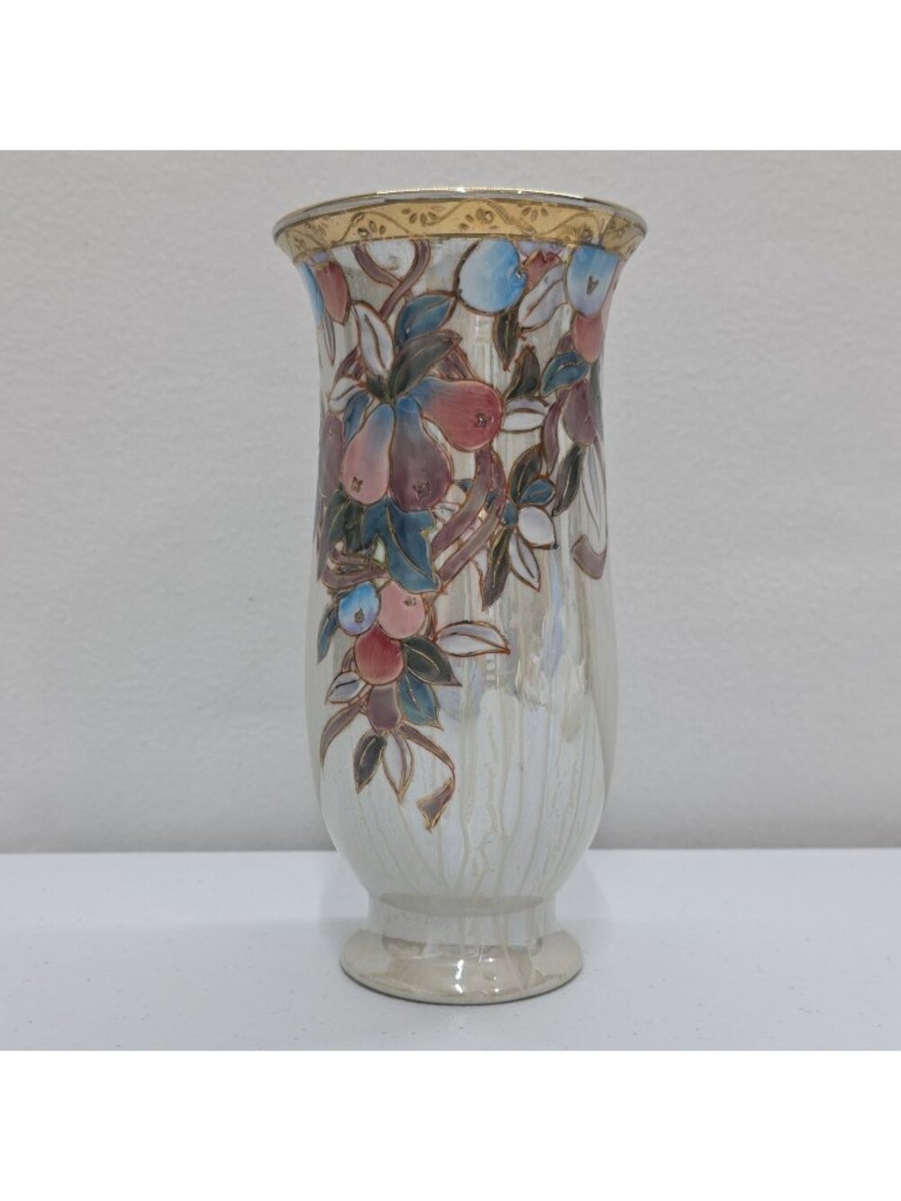 1990s Toyo Nouveau Lustre Vase Opalescent Satsuma Style Floral Cottagecore Pears